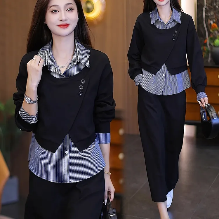 时尚洋气卫衣套装裙2025春秋款假两件翻领上衣搭直筒半身裙两件套