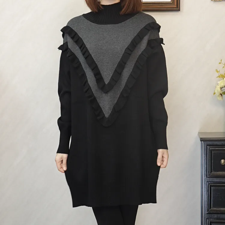 6542#蕾丝上衣气质拼接加绒保暖圆领时尚中长款百搭黑色针织毛衣