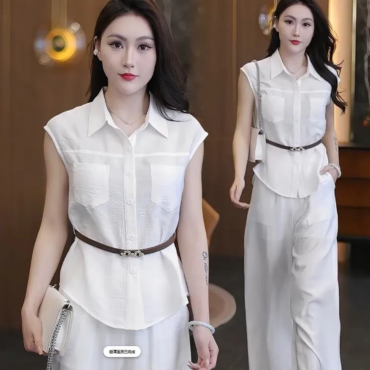 时尚套装女气质夏季新款洋气显瘦无袖衬衫上衣阔腿裤百搭两件套潮
