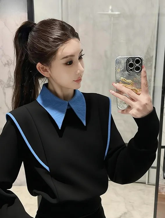 【现货】黑色假两件卫衣新款冬巨好看独特漂亮气质高端加厚撞色上衣