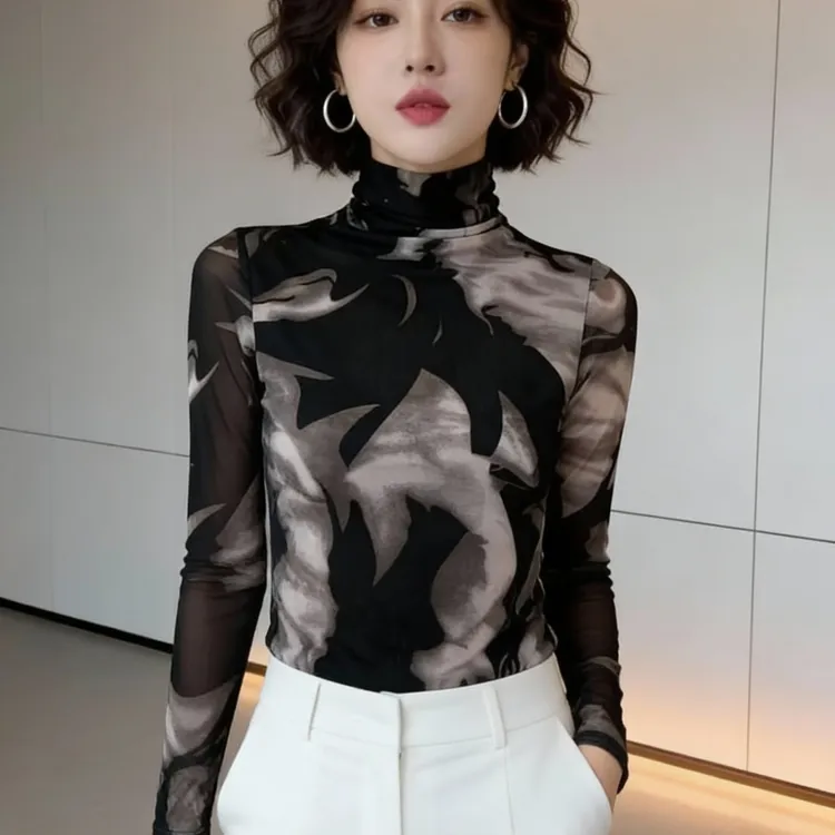 秋冬新款高级感网纱打底衫女装长袖内搭上衣高领气质百搭纱衣小衫