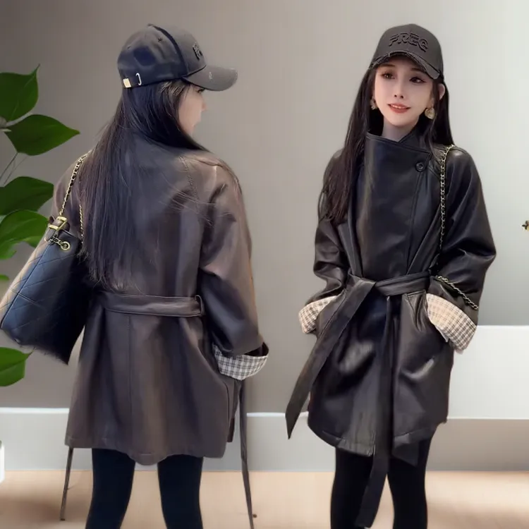 港风宽松中长款PU皮风衣女2025秋冬时尚洋气百搭显瘦长袖系带外套