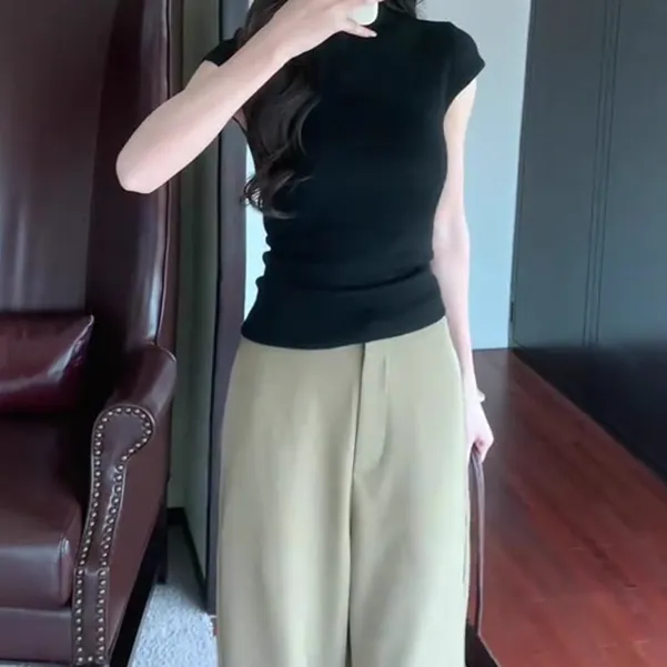 法式半高领黑色正肩冰丝针织短袖T恤女夏季修身无袖坎肩短款上衣