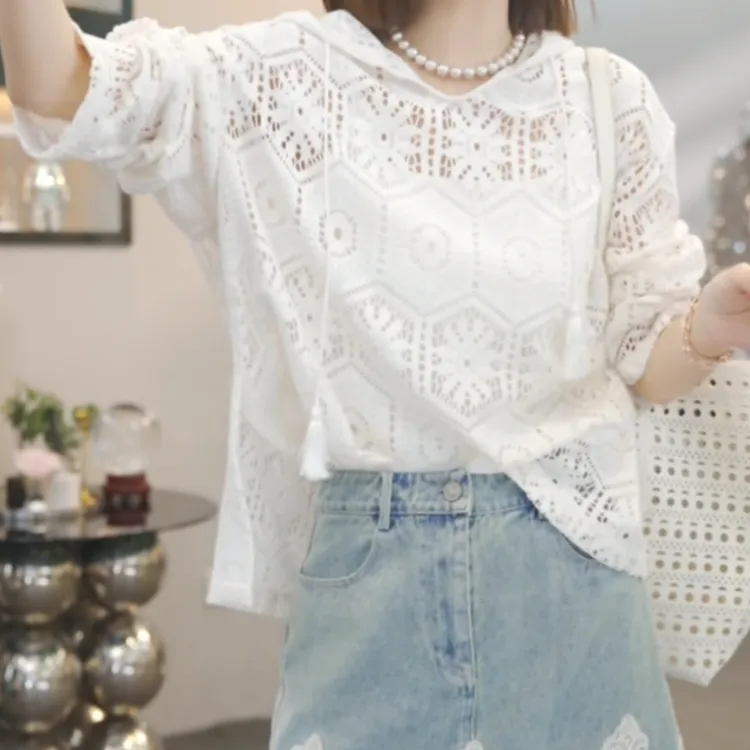 镂空钩花针织帽衫2025春季新款时尚设计感气质长袖连帽上衣女