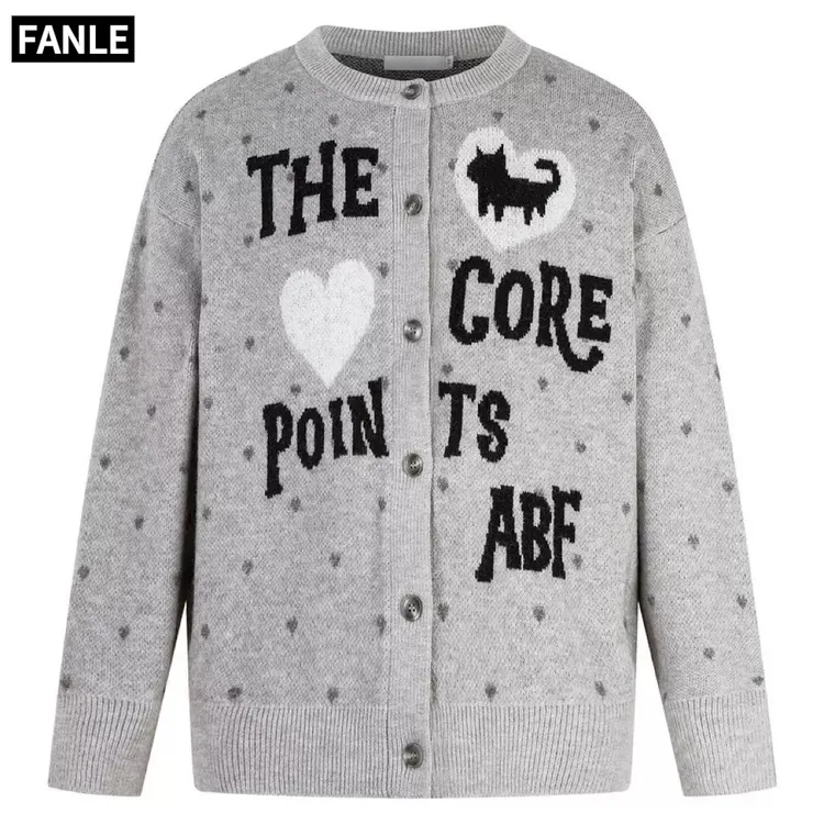 秋冬波点爱心卡通开衫毛衣男女皆可穿宽松亚萌感减龄保暖针织外套