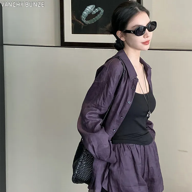 BUNZE夏季新款法式老钱风苎麻显瘦短裤套装女生韩系ins衣服