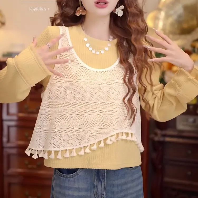 【麦田雏夜】2025秋季新复古港风长袖镂空两件套宽松上衣LK2505695