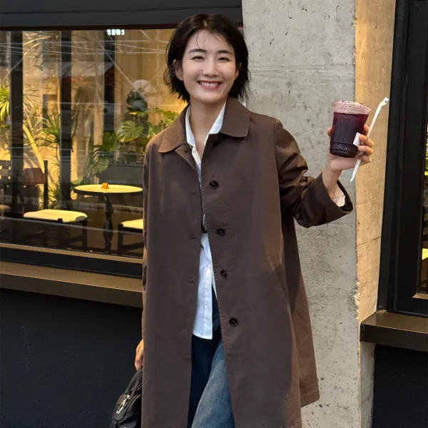 LANGQING 秋季全棉单排扣中长款宽松风衣外套46229#