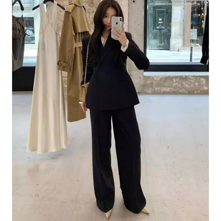 大码修身气质黑色西装套装女胖mm秋冬新款洋气小西服阔腿裤两件套