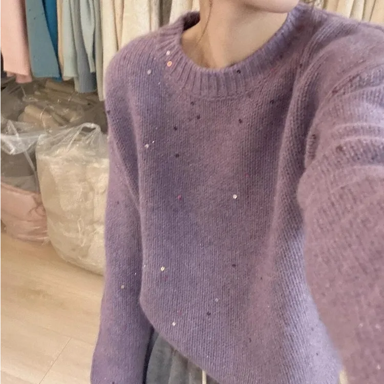 温柔风软糯紫色亮片浣熊绒毛衣女秋冬奶fufu慵懒外穿套头针织上衣