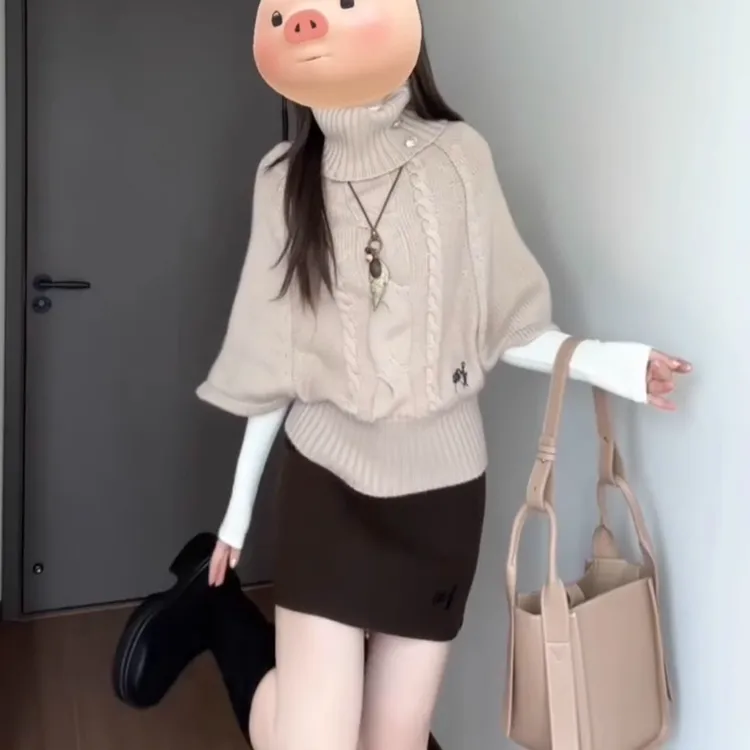 韩系慵懒风麻花针织套头斗篷毛衣女秋冬宽松高领打底针织衫上衣潮