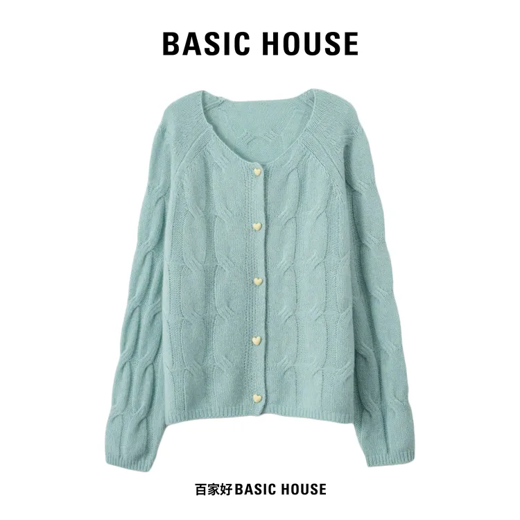 Basic House/百家好2025年秋季新绞花爱心扣法式毛衣Q092  YY