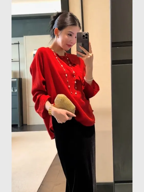 秋季穿搭减龄一整套女装2025红色盘扣长袖宽松上衣高腰半身裙套装