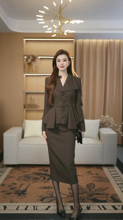 罗曼定制 高定原创深咖长袖大翻领套装女秋2025+包臀半身裙两件套