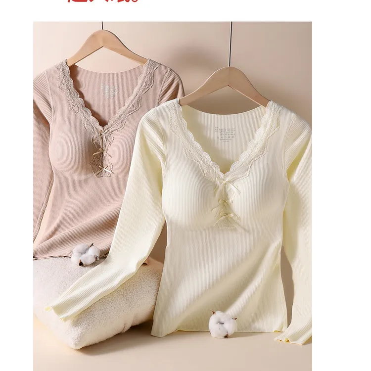 桑蚕丝绵羊毛秋冬发热保暖内衣带胸垫加绒暖宫修身显瘦秋衣裤套装