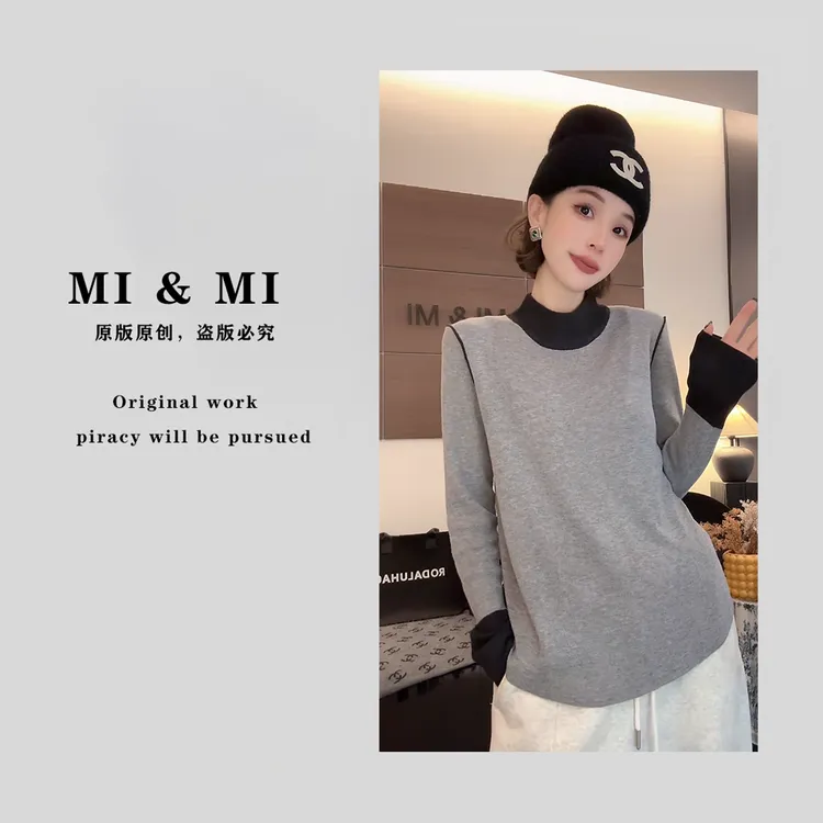 【米米服饰】2025 秋冬立领薄纱慵懒撞色针织衫 2502-388