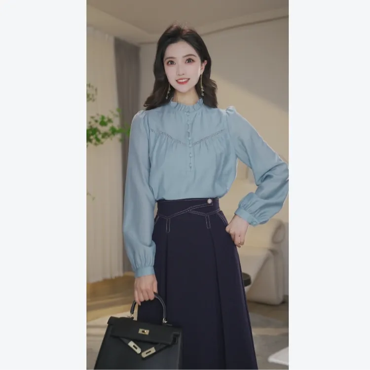 【婷婷甄选】流光风2025新春衬衫女长袖8591215蓝色法式气质衬衣