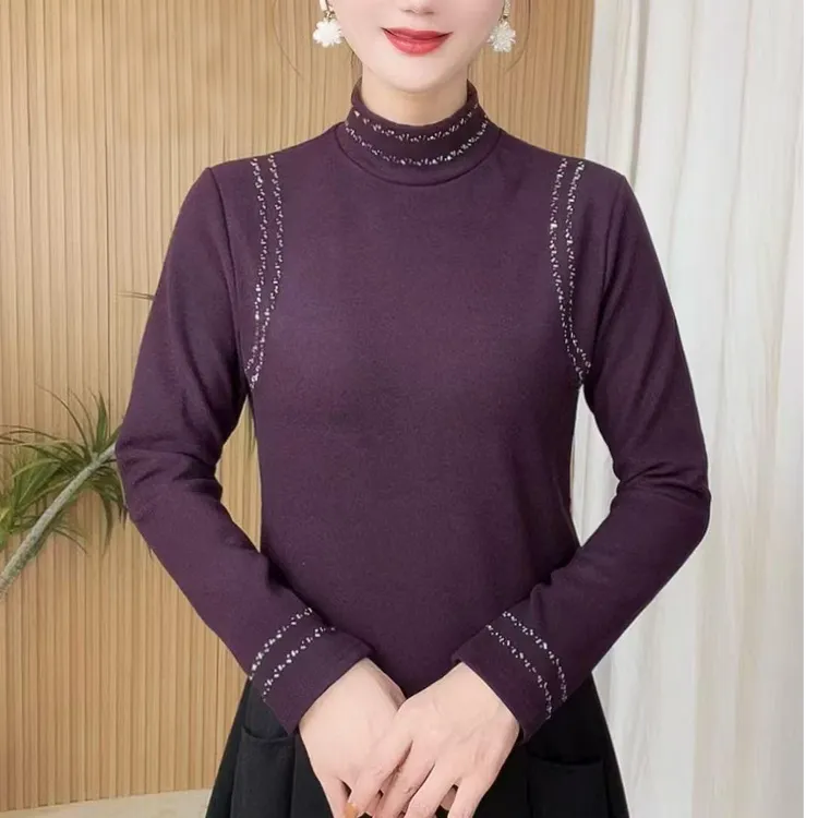 冬季新品女士烫钻半高领内搭修身显瘦磨毛加绒弹力洋气保暖衬衫