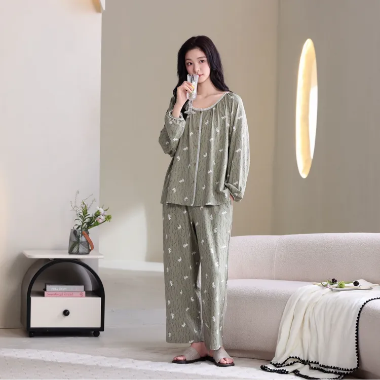 华纯氛围感绿底飞鸟春秋季长袖长裤睡衣宽松温柔又耐看家居服套装