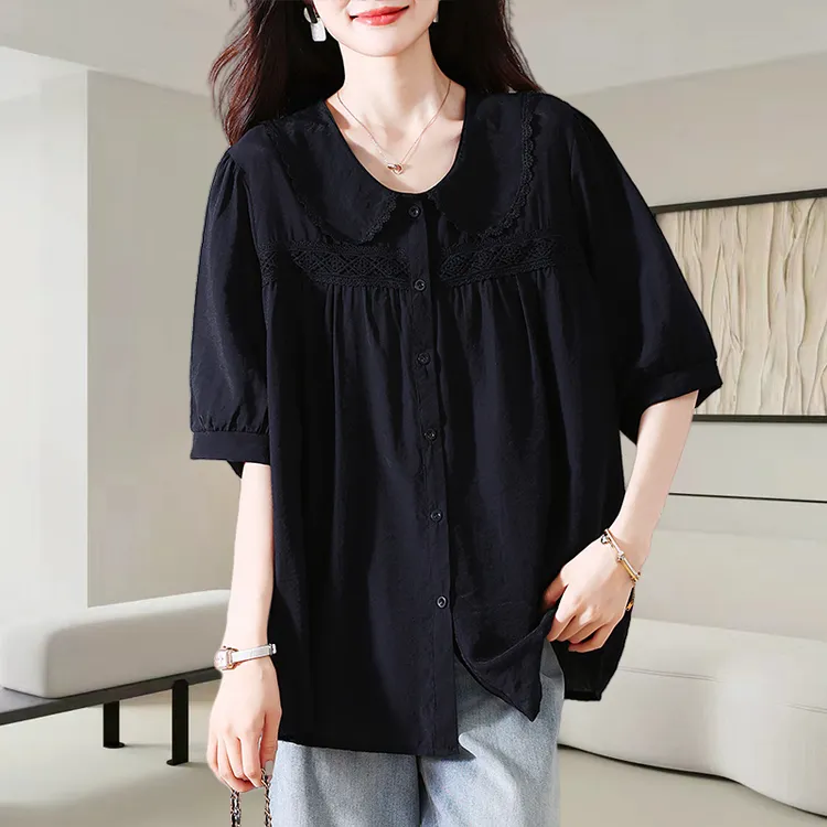 黑色娃娃领短袖衬衫女夏季2025新款高级感蕾丝边气质宽松显瘦上衣