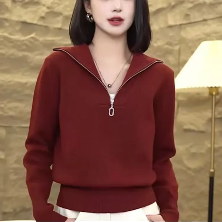 半拉链纯色套头针织衫女士休闲简约百搭打底毛衣长袖宽松韩版上衣