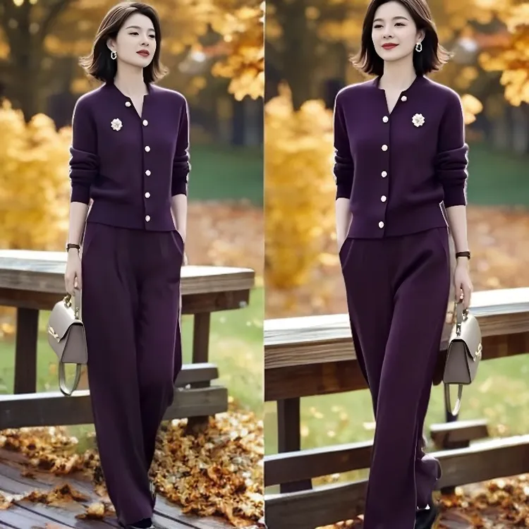 时尚气长袖质两件套女装2025秋冬新款气质毛衣开衫松紧腰裤子套装