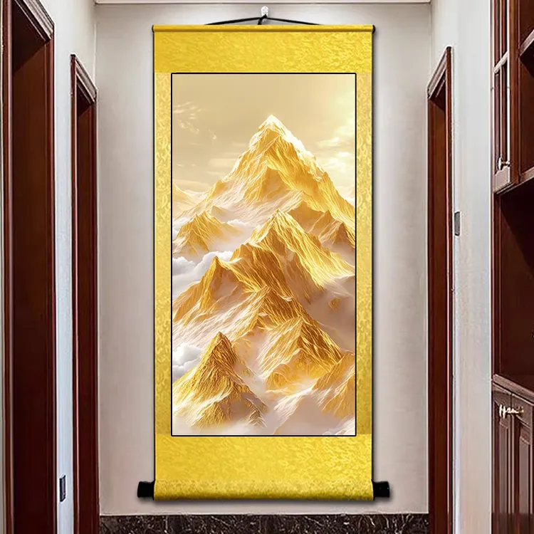 竖版日照金山挂画床头客厅玄关背景墙卧室房间山水靠山图卷轴装饰