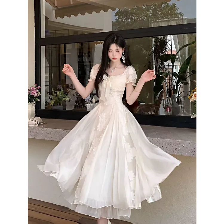 11842大码女装纯欲白月光气质剪花蓬蓬网纱连衣裙公主裙