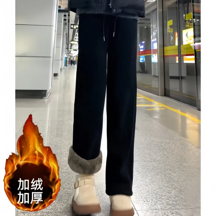 直筒气质风加绒加厚休闲裤女冬季高腰时尚韩系胖mm遮肉显瘦休闲裤