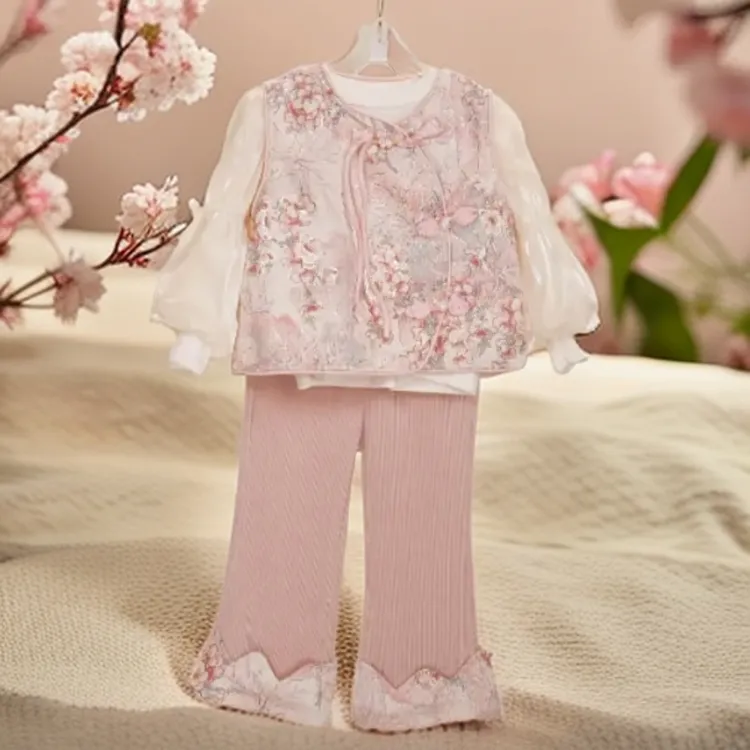 女童洋气春秋季粉色中国风套装公主风女宝童装女宝宝新中式衣服