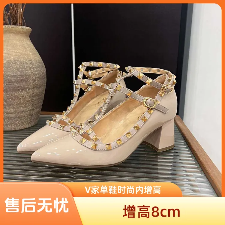 法式内增高女鞋铆钉尖头漆皮单鞋2025新款性感脚环T型内增高单鞋
