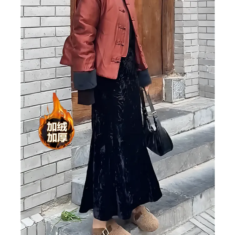 【加绒厚款】秋冬新中式国风丝绒拼接包臀鱼尾裙2025新款气质半身裙
