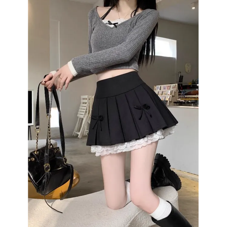 设计感百褶裙女秋灰色蕾丝花边拼接小众辣妹a字短裙2024新款半身