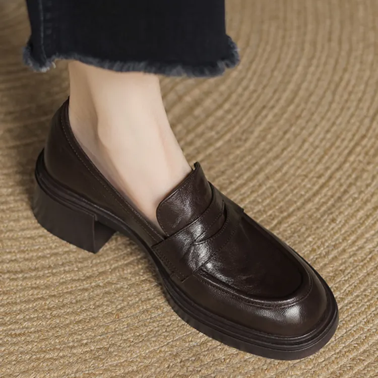 厚底羊皮粗跟高跟乐福鞋女款2025新款爆款百搭复古圆头英伦小皮鞋