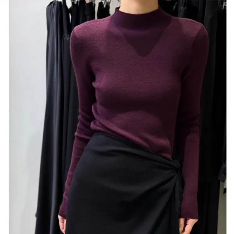法式高贵紫色半高领修身打底衫女秋冬洋气显瘦内搭高级感针织毛衣