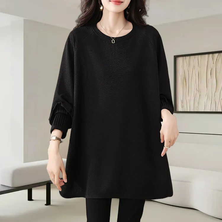 中长款黑色圆领t恤女2025秋季新款时尚大码气质百搭长袖卫衣上衣