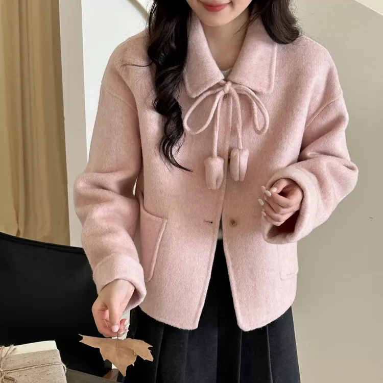 2025秋冬新款小香风娃娃领花朵双面羊毛大衣短款高级感羊毛外套女