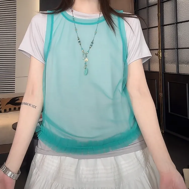 百搭显瘦网纱背心两件套短袖T恤女2025新款设计感圆领休闲上衣