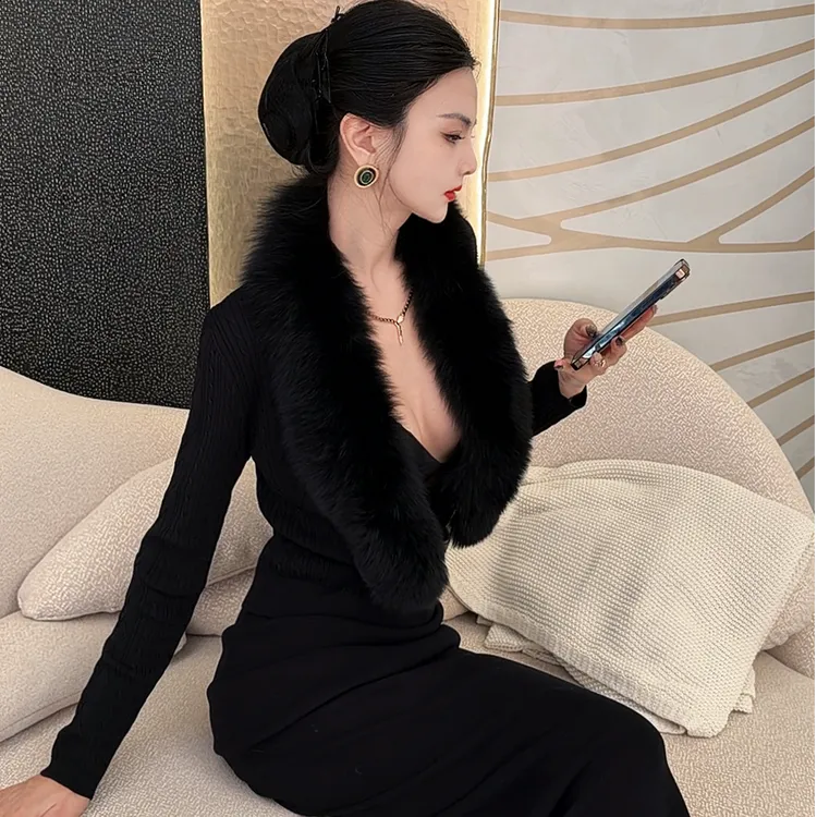 魏元高定/针织毛领修身显瘦秋冬贵气老钱风直筒裙套装-1100