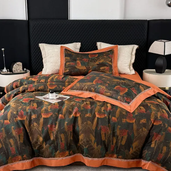 【新款】高端重磅高精密四件套床盖款--枫林霜晚-橙色