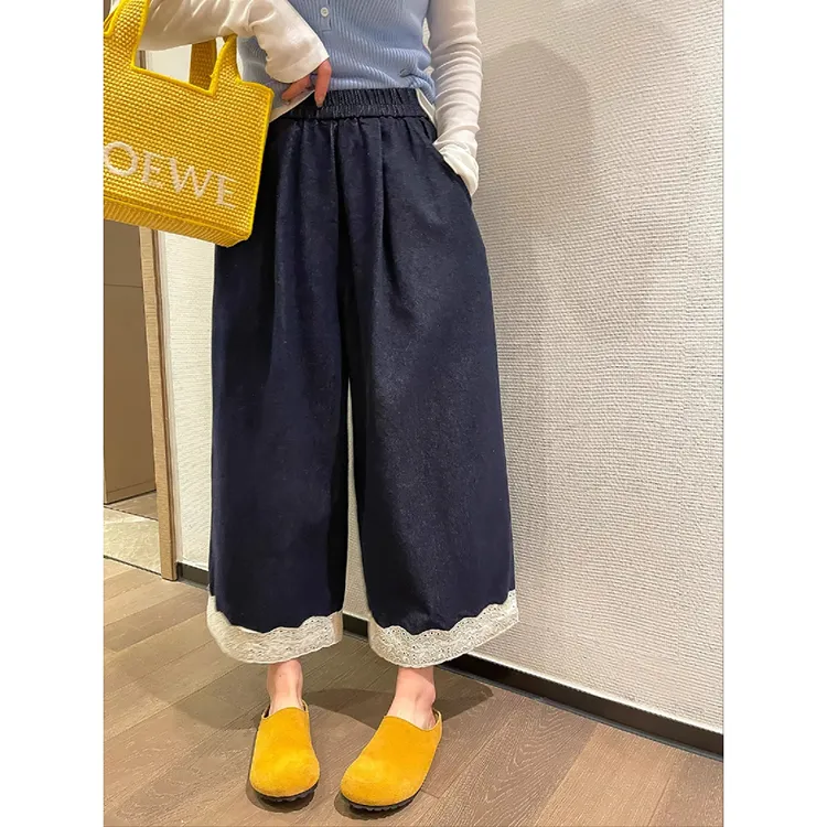 复古拼接蕾丝小个子奶奶裤早秋新款女梨形身材高腰显瘦宽松阔腿裤