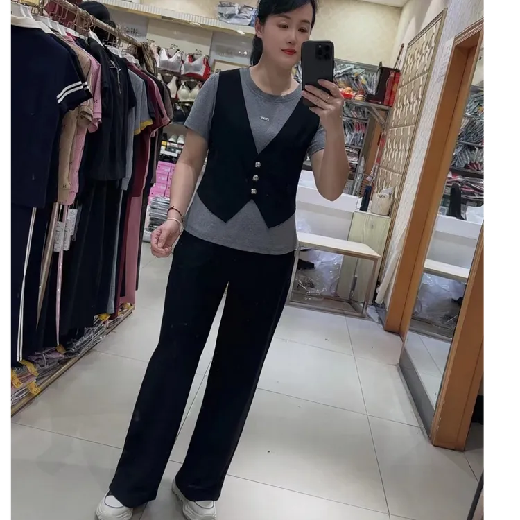 5528韩版时尚套装假两件上衣直筒裤子