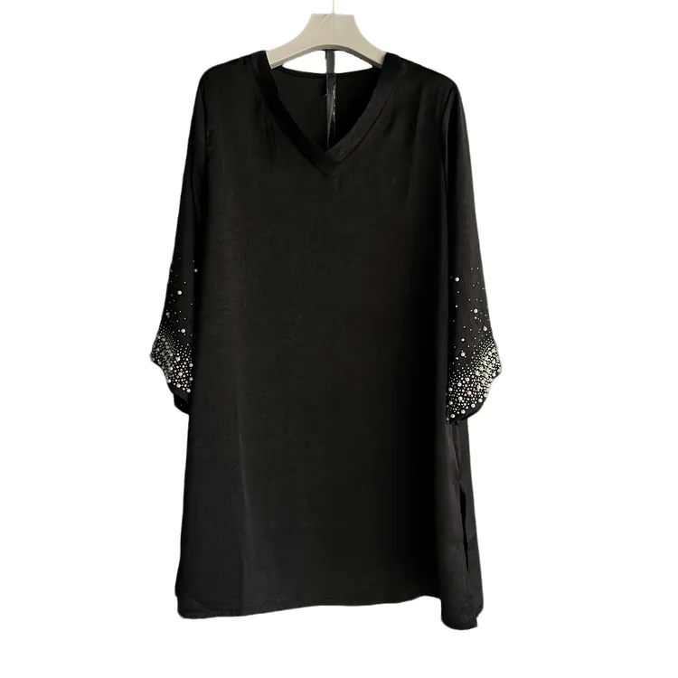 七分袖A字裙中长裙宽松腰V领慵懒成人大码连衣裙