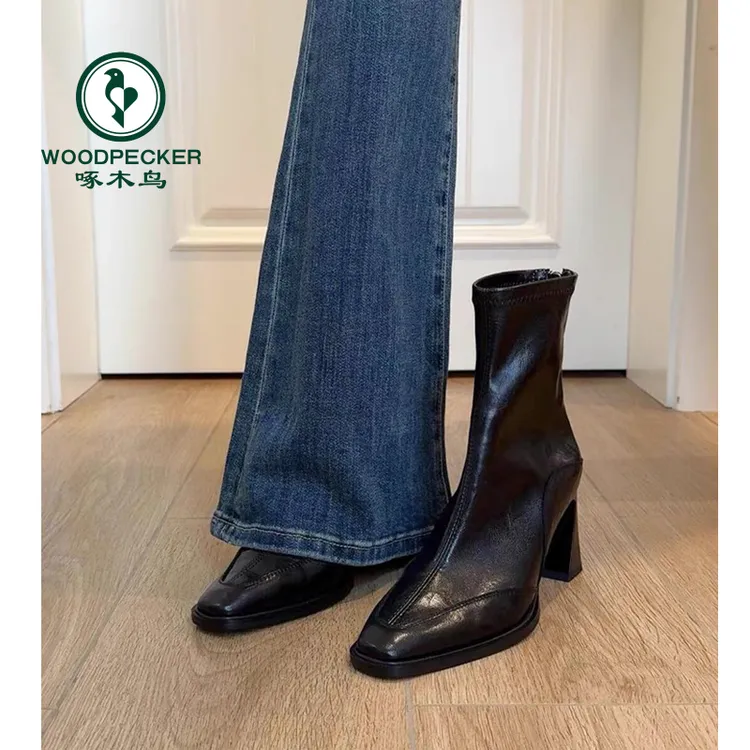 啄木鸟韩版高跟方头瘦瘦靴短靴女粗跟复古马丁靴英伦风短筒单靴秋