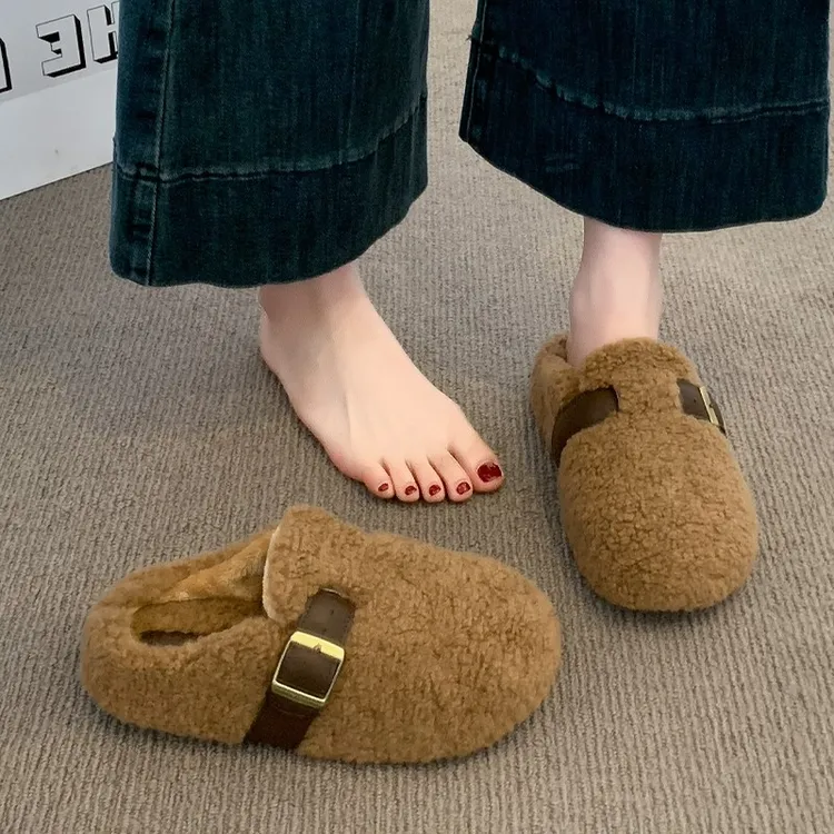 厚底勃肯鞋包头毛毛拖鞋女外穿2025秋冬新款懒人一脚蹬加绒棉拖鞋