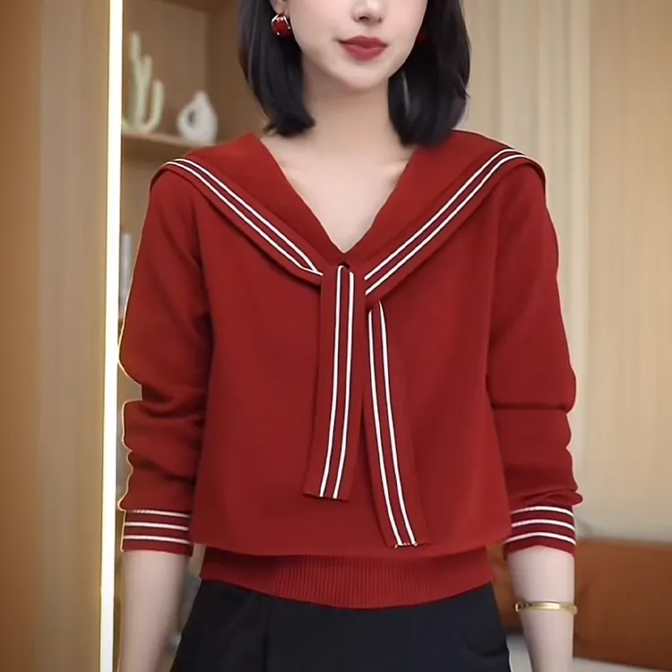 欧货高级感百搭毛衣减龄海军领针织衫女2025秋季新款宽松显瘦上衣