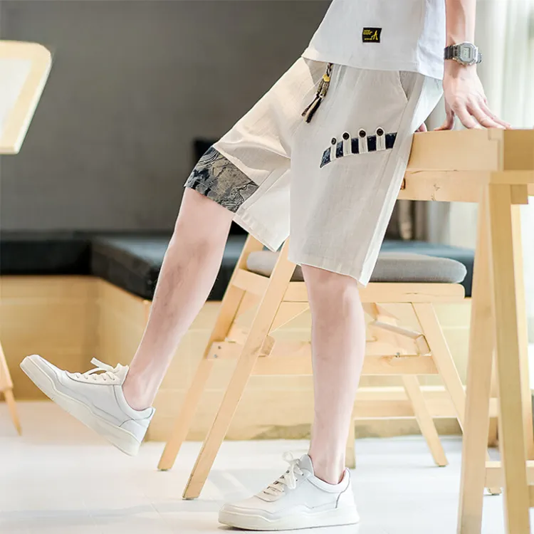 殿若中国风短裤男夏季薄款五分裤冰丝国潮亚麻裤宽松棉麻沙滩裤潮