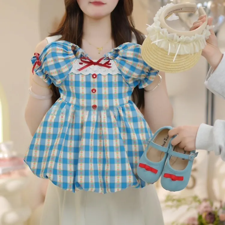 女童法式短袖夏季休闲风连衣裙小清新收腰格纹泡泡袖甜美显瘦