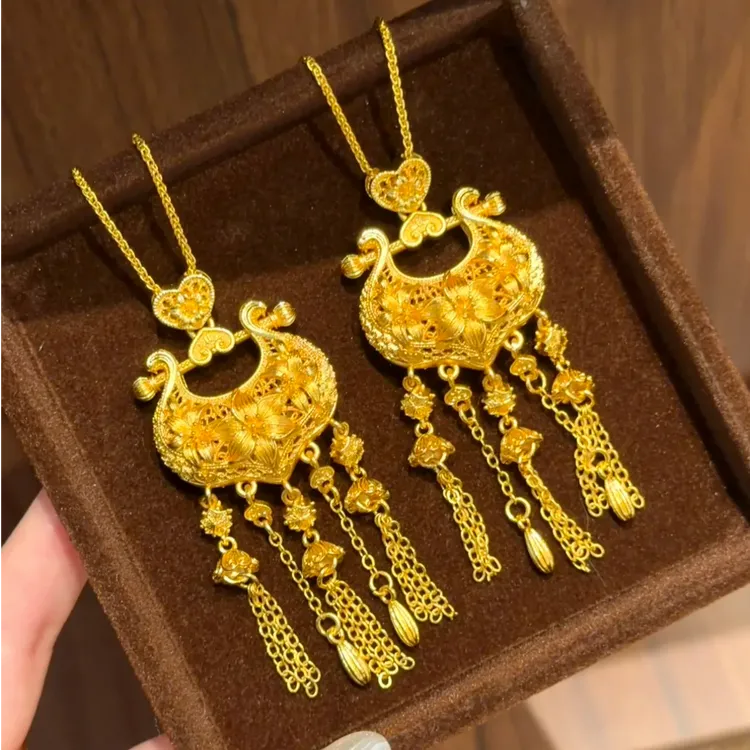 铜合金吊坠 新中式锁愿璎珞百合花流苏锁包项链繁花婚嫁毛衣链