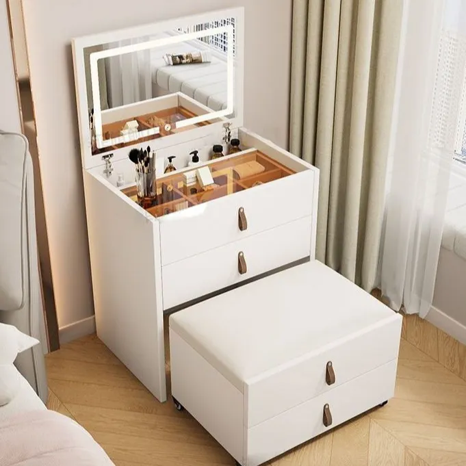化妆台储物柜一体卧室简约现代2025新款实木翻盖2025年流行梳妆台